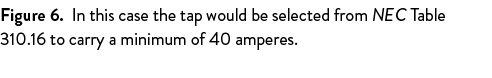 Figure 6. In this case the tap would be selected from NEC Table 310.16 to carry a minimum of 40 amperes. 