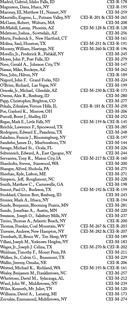Madrid, Gabriel, Idaho Falls, ID CEI-R-178 Magnuson, Dana, Ithaca, NY CEI-R-195 Maroney, III, Matthew H , Nanuet, NY    