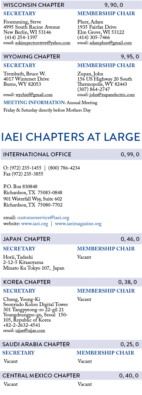       IAEI CHAPTERS AT LARGE          O: (972) 235-1455   (800) 786-4234  Fax (972) 235-3855    P O  Box 830848  Rich   