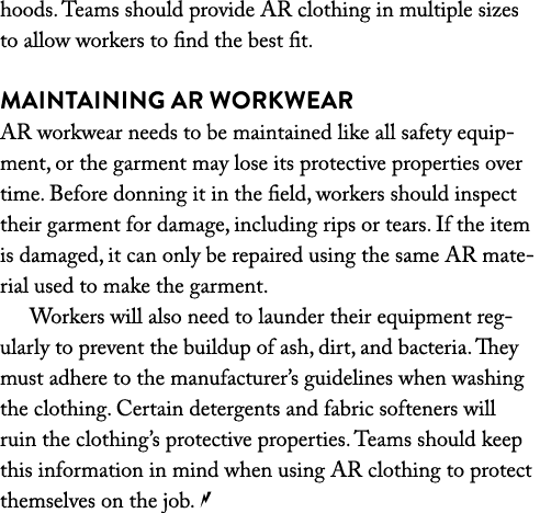 hoods  Teams should provide AR clothing in multiple sizes to allow workers to find the best fit  Maintaining AR Workw   