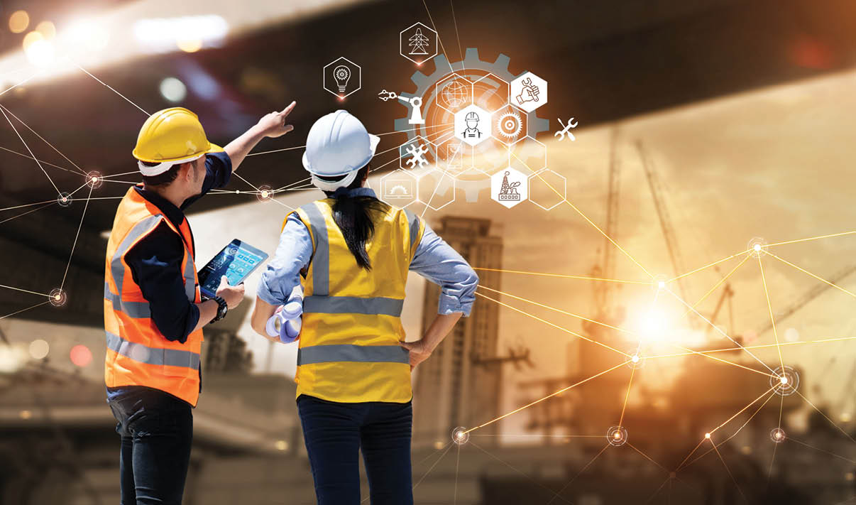 Engineer and Architect analyzing of under construction project with technology and new innovative on digital tablet and icon network of construction on virtual interface 