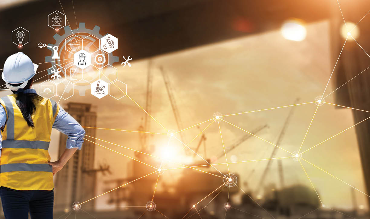 Engineer and Architect analyzing of under construction project with technology and new innovative on digital tablet and icon network of construction on virtual interface 