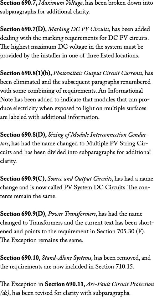 Section 690 7, Maximum Voltage, has been broken down into subparagraphs for additional clarity  Section 690 7(D), Mar   