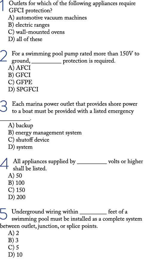 1 Outlets for which of the following appliances require GFCI protection? A) automotive vacuum machines B) electric ra...