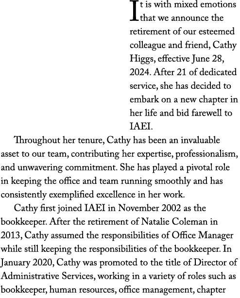 It is with mixed emotions that we announce the retirement of our esteemed colleague and friend, Cathy Higgs, effectiv...
