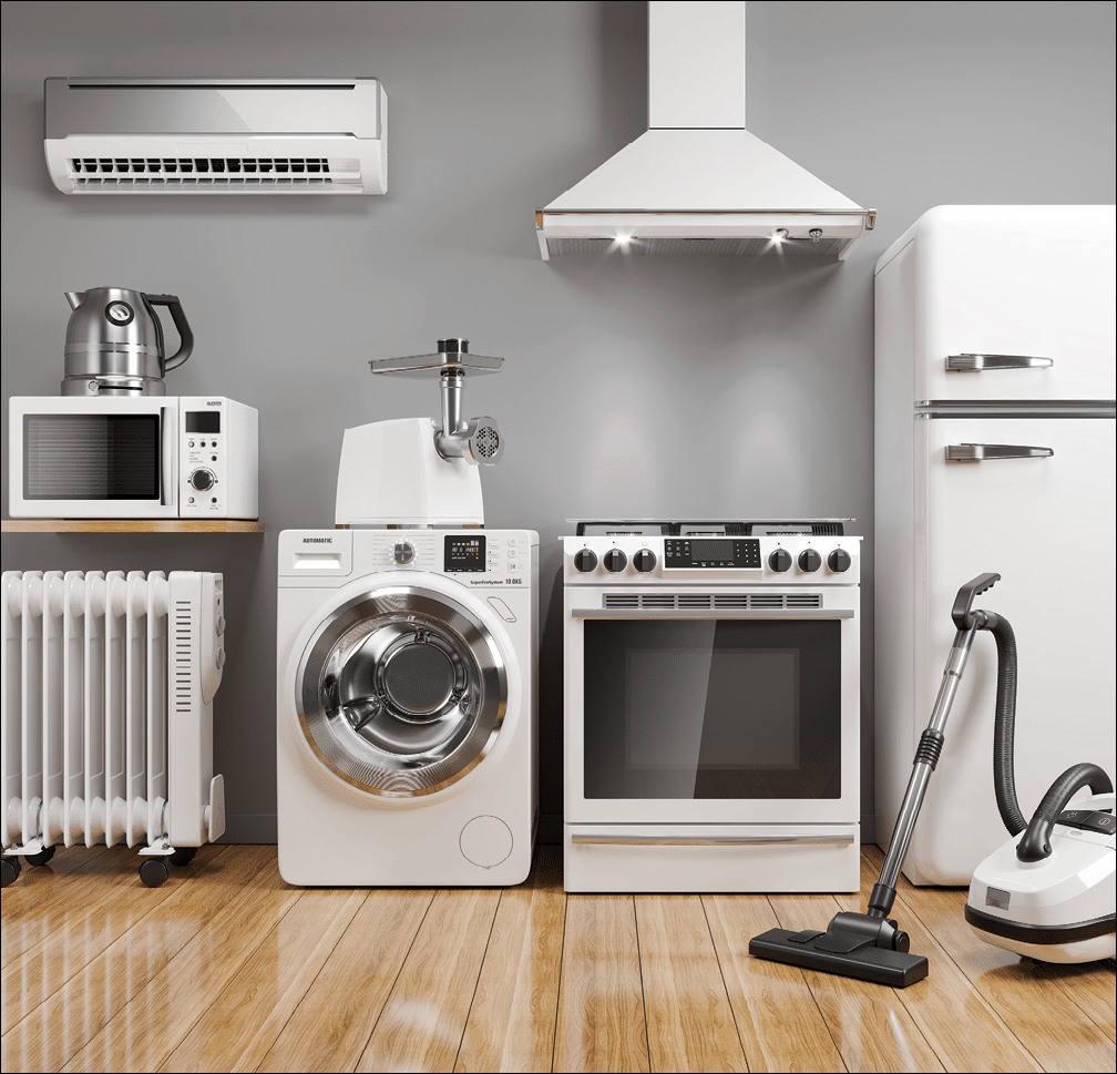 Set of home kitchen appliances in the room on the wall background. 3D render