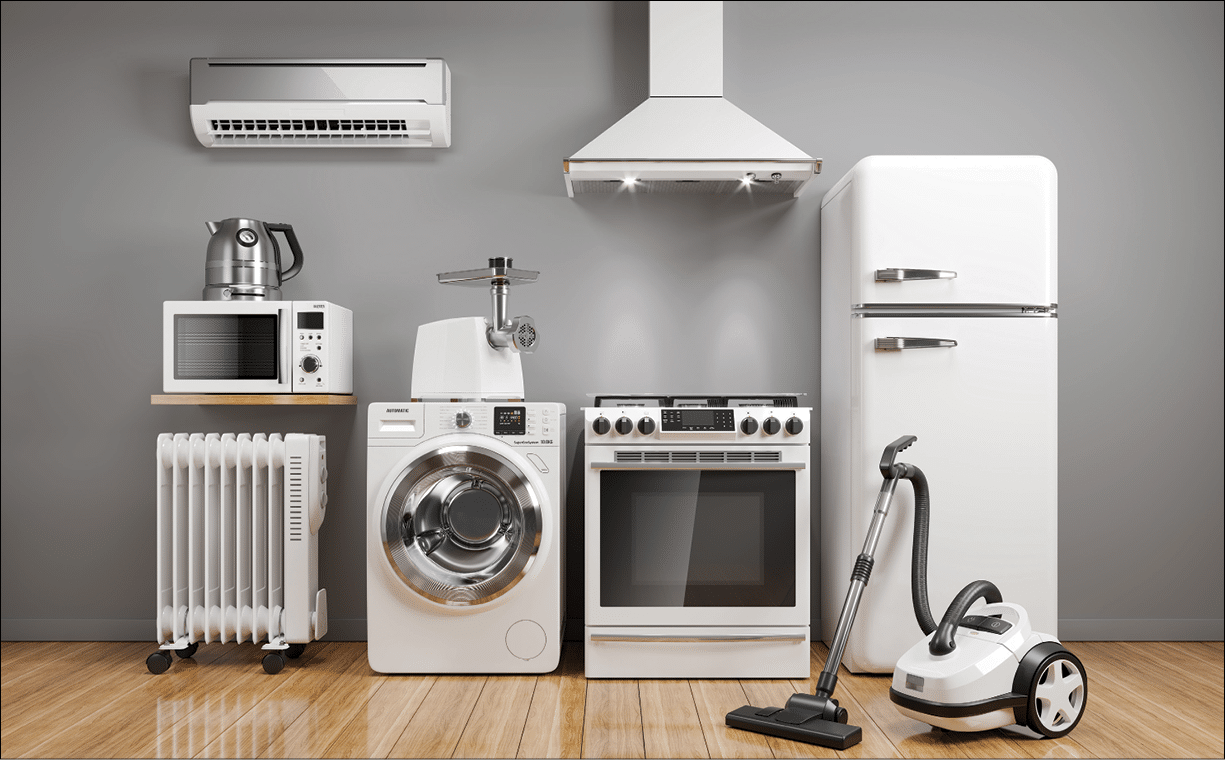Set of home kitchen appliances in the room on the wall background. 3D render