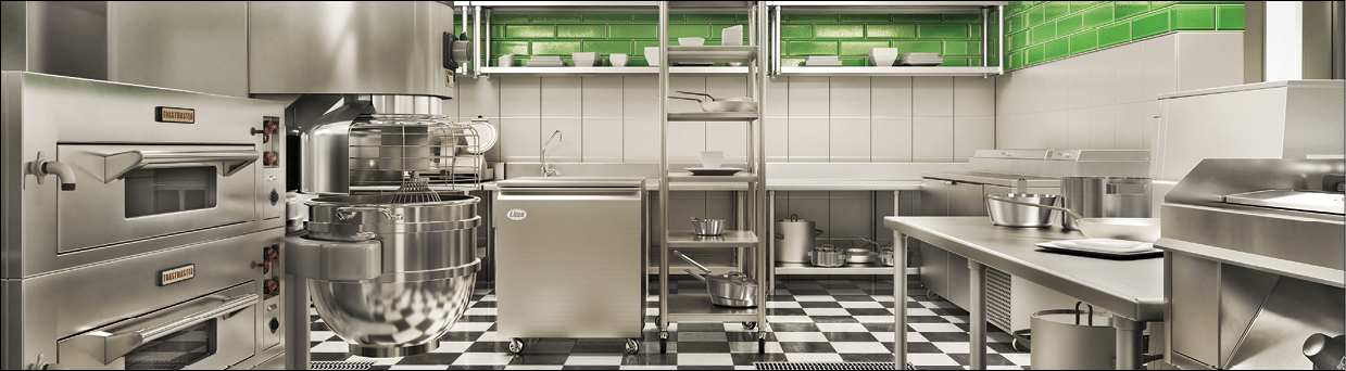 Restaurant equipment. Modern industrial kitchen. 3d illustration