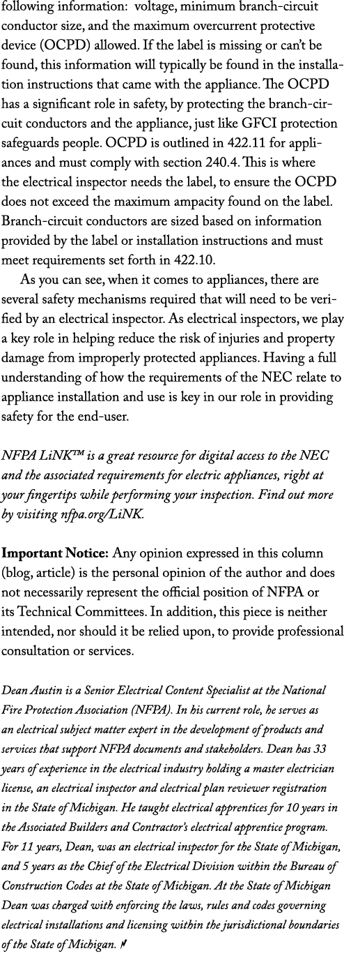 following information: voltage, minimum branch circuit conductor size, and the maximum overcurrent protective device ...