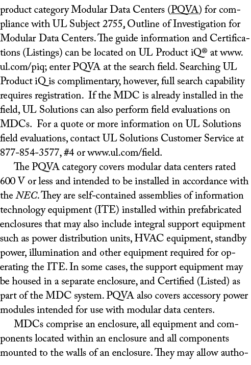 product category Modular Data Centers (PQVA) for compliance with UL Subject 2755, Outline of Investigation for Modula...