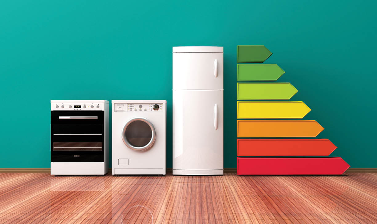 Home appliances and energy efficiency ranking. 3d illustration