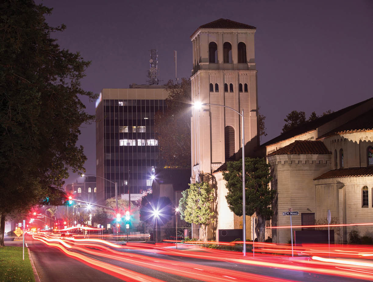 Nighttime twilight view of the downtown skyline of Bakersfield, California, USA.