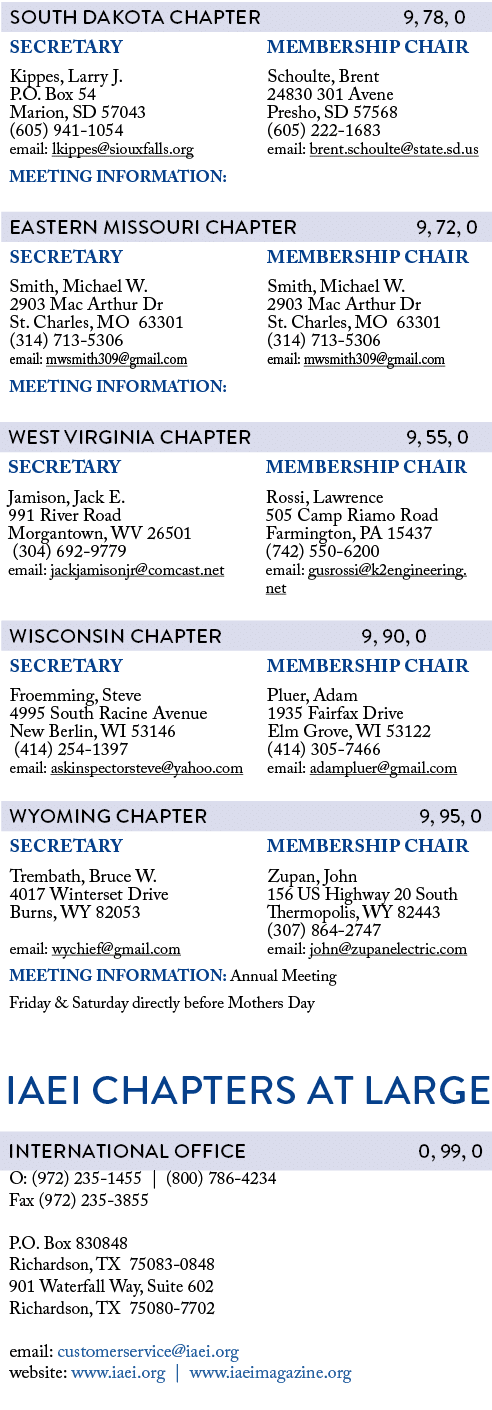  IAEI CHAPTERS AT LARGE O: (972) 235 1455 | (800) 786 4234 Fax (972) 235 3855 P.O. Box 830848 Richardson, TX 75083 08...