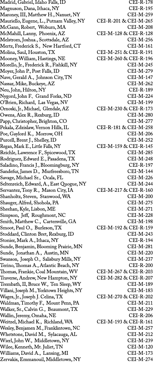 Madrid, Gabriel, Idaho Falls, ID CEI R 178 Magnuson, Dana, Ithaca, NY CEI R 195 Maroney, III, Matthew H., Nanuet, NY ...