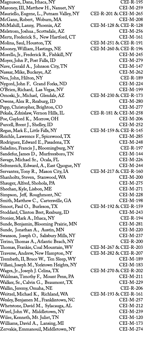 Magnuson, Dana, Ithaca, NY CEI-R-195 Maroney, III, Matthew H , Nanuet, NY CEI-M-259 Mauriello, Eugene, L , Putnam Val   