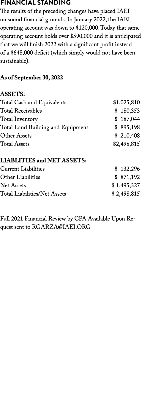 Financial Standing The results of the preceding changes have placed IAEI on sound financial grounds  In January 2022,   