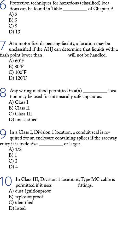 6 Protection techniques for hazardous (classified) locations can be found in Table __________ of Chapter 9  A) 2 B) 5   