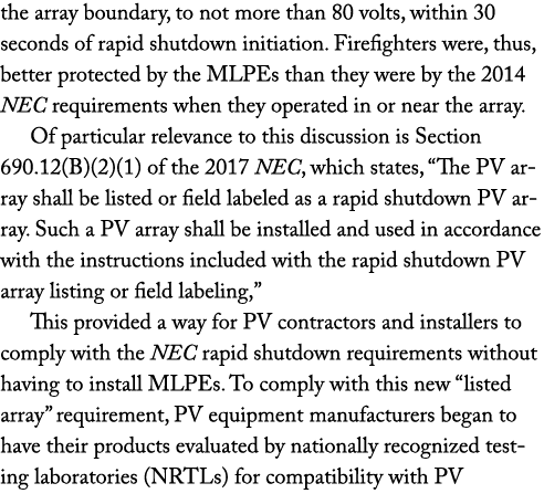 the array boundary, to not more than 80 volts, within 30 seconds of rapid shutdown initiation  Firefighters were, thu   