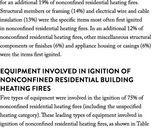 for an additional 19% of nonconfined residential heating fires  Structural members or framing (14%) and electrical wi   