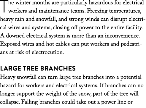 The winter months are particularly hazardous for electrical workers and maintenance teams  Freezing temperatures, hea   