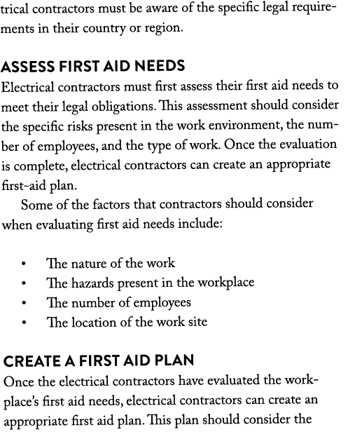 trical contractors must be aware of the specific legal requirements in their country or region  Assess First Aid Need   