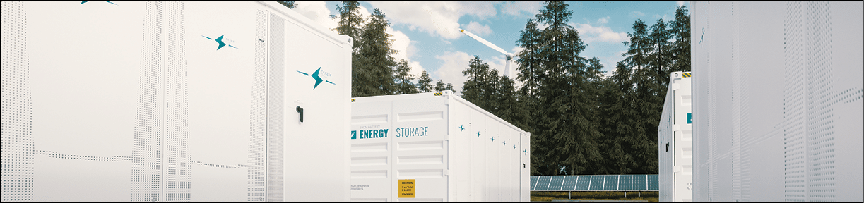 Modern container battery green energy storage system accompanied with solar panels and wind turbine situated in nature 3d rendering 