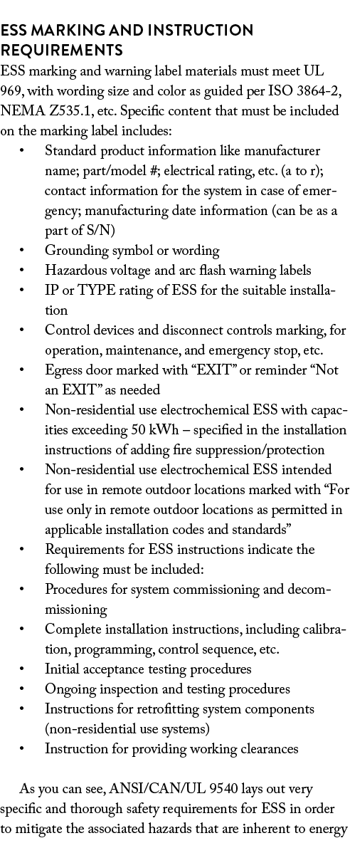  ESS Marking and Instruction Requirements ESS marking and warning label materials must meet UL 969, with wording size   