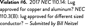 Violation #6  2017 NEC 110 14: Lug approved for copper and aluminum  NEC 110 3(B): lug approved for different sized c   