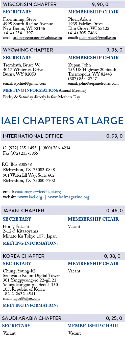       IAEI CHAPTERS AT LARGE          O: (972) 235-1455   (800) 786-4234  Fax (972) 235-3855   P O  Box 830848  Richa   