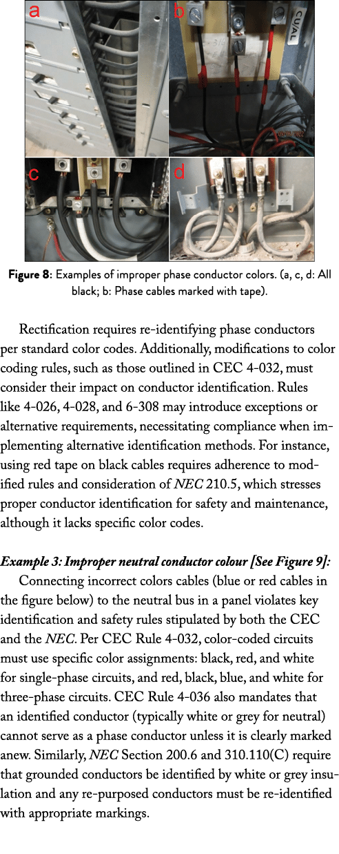  ￼ Figure 8: Examples of improper phase conductor colors. (a, c, d: All black; b: Phase cables marked with tape). Rec...