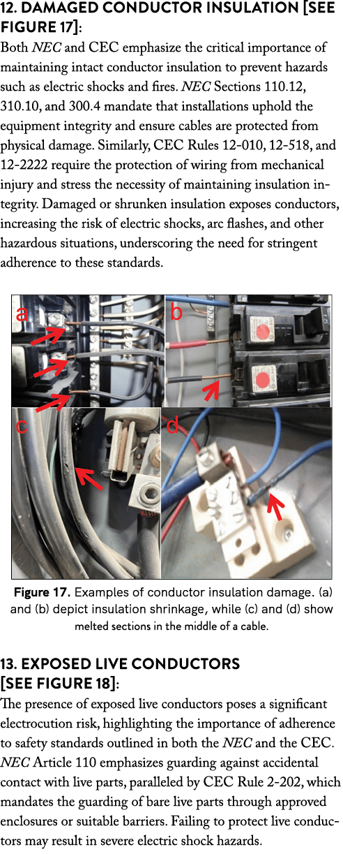 12. Damaged Conductor Insulation [See Figure 17]: Both NEC and CEC emphasize the critical importance of maintaining i...