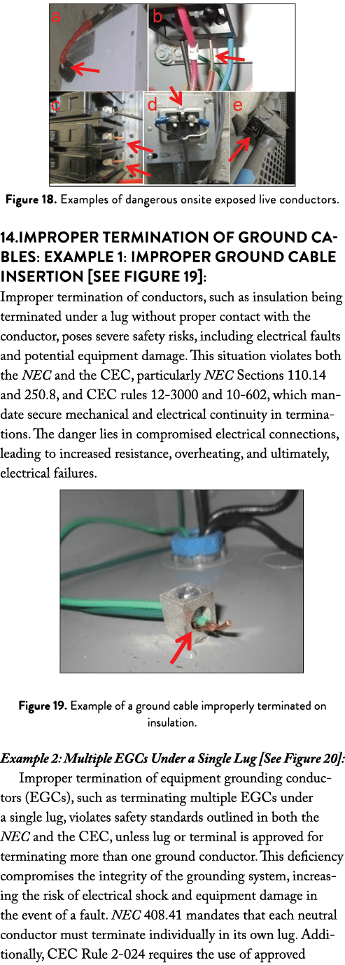  ￼ Figure 18. Examples of dangerous onsite exposed live conductors. 14.Improper Termination of Ground Cables: Example...