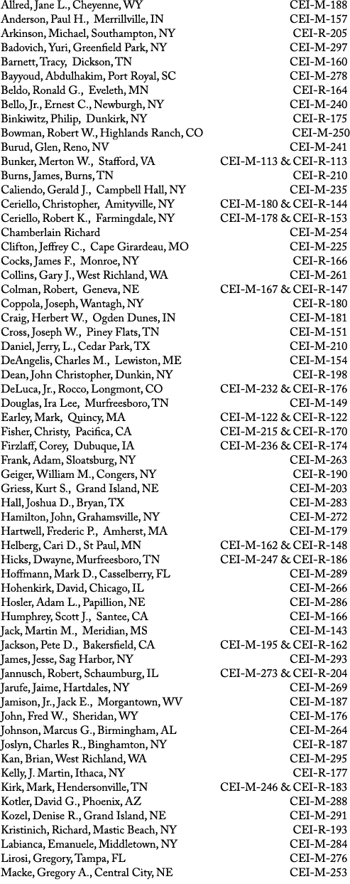 Allred, Jane L., Cheyenne, WY CEI M 188 Anderson, Paul H., Merrillville, IN CEI M 157 Arkinson, Michael, Southampton,...