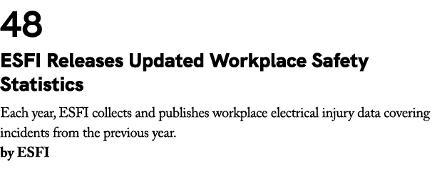 48 ESFI Releases Updated Workplace Safety Statistics Each year, ESFI collects and publishes workplace electrical inju...