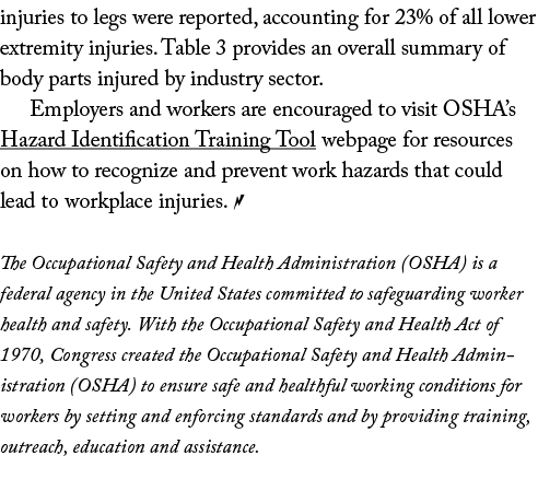 injuries to legs were reported, accounting for 23% of all lower extremity injuries. Table 3 provides an overall summa...
