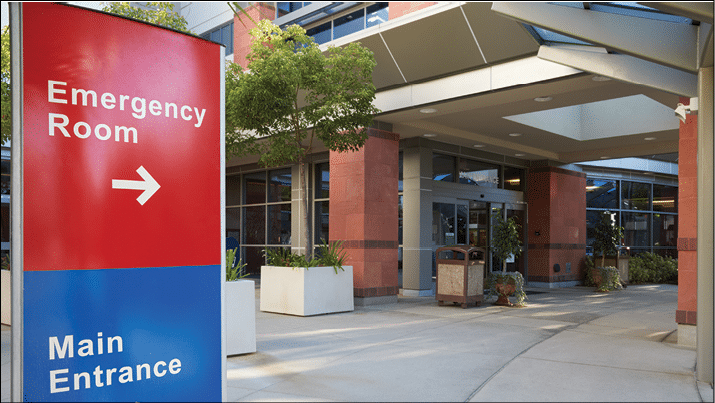 Main Entrance Of Modern Hospital Building With Signs