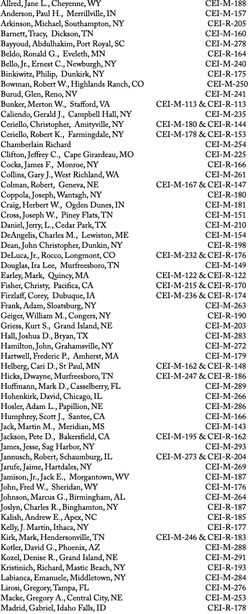 Allred, Jane L., Cheyenne, WY CEI M 188 Anderson, Paul H., Merrillville, IN CEI M 157 Arkinson, Michael, Southampton,...
