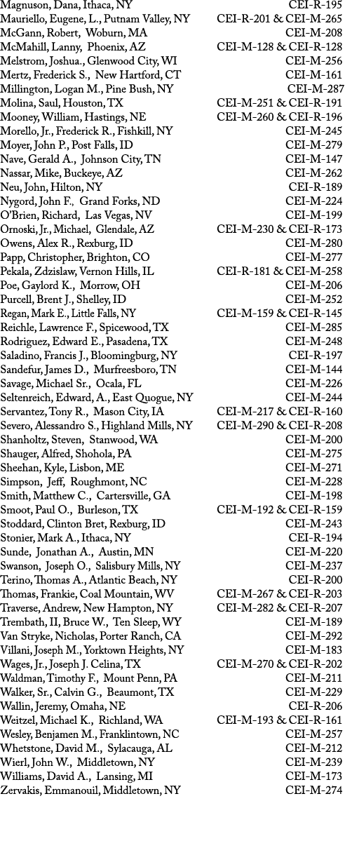 Magnuson, Dana, Ithaca, NY CEI R 195 Mauriello, Eugene, L., Putnam Valley, NY CEI R 201 & CEI M 265 McGann, Robert, W...