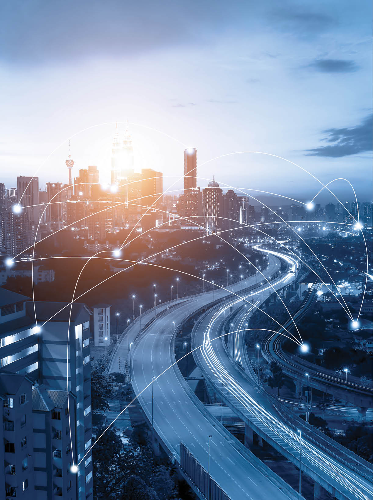 Blue tone Kuala Lumpur cityscape and network connection concept. Sunbeam effect.