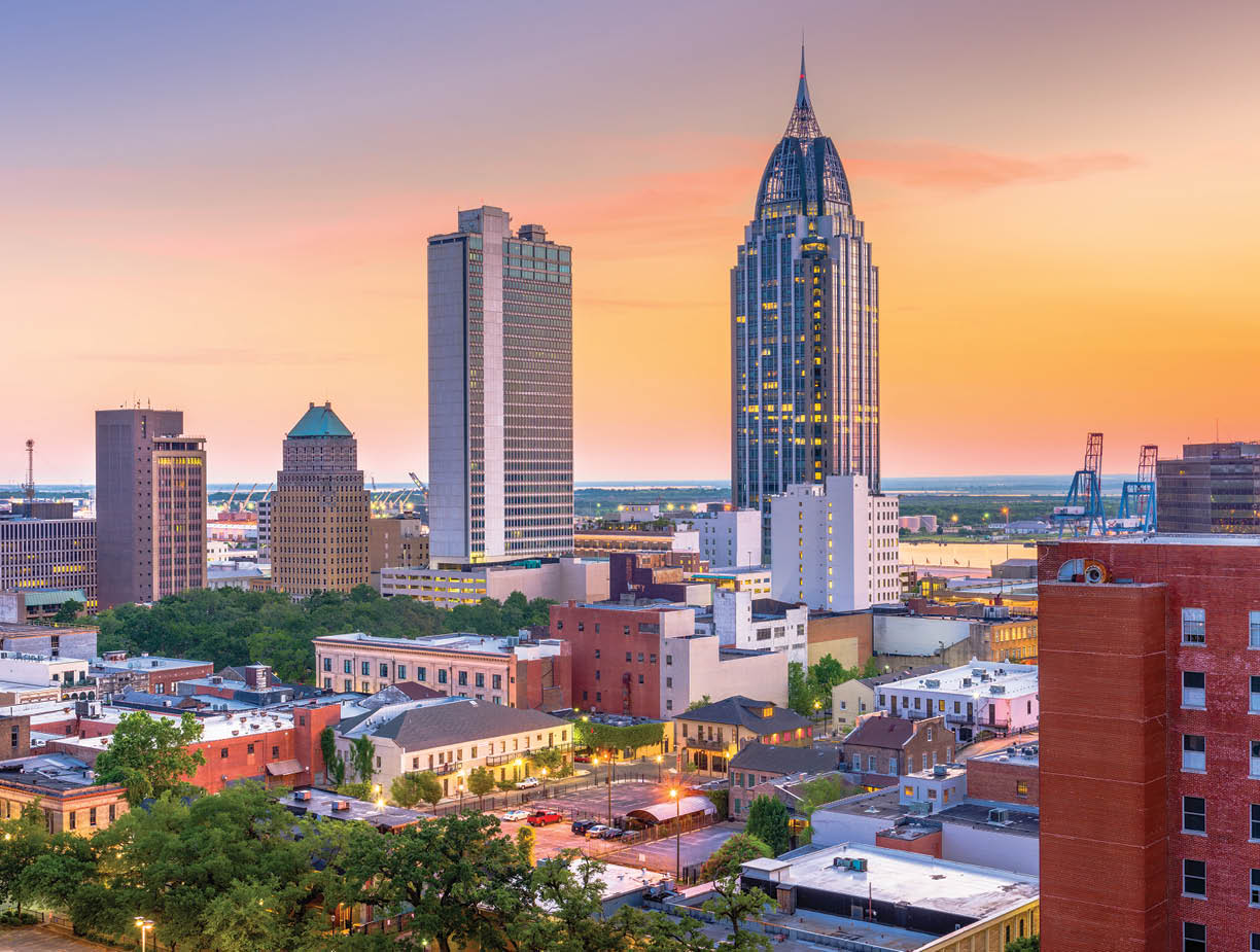 Mobile, Alabama, USA downtown skyline at dusk.