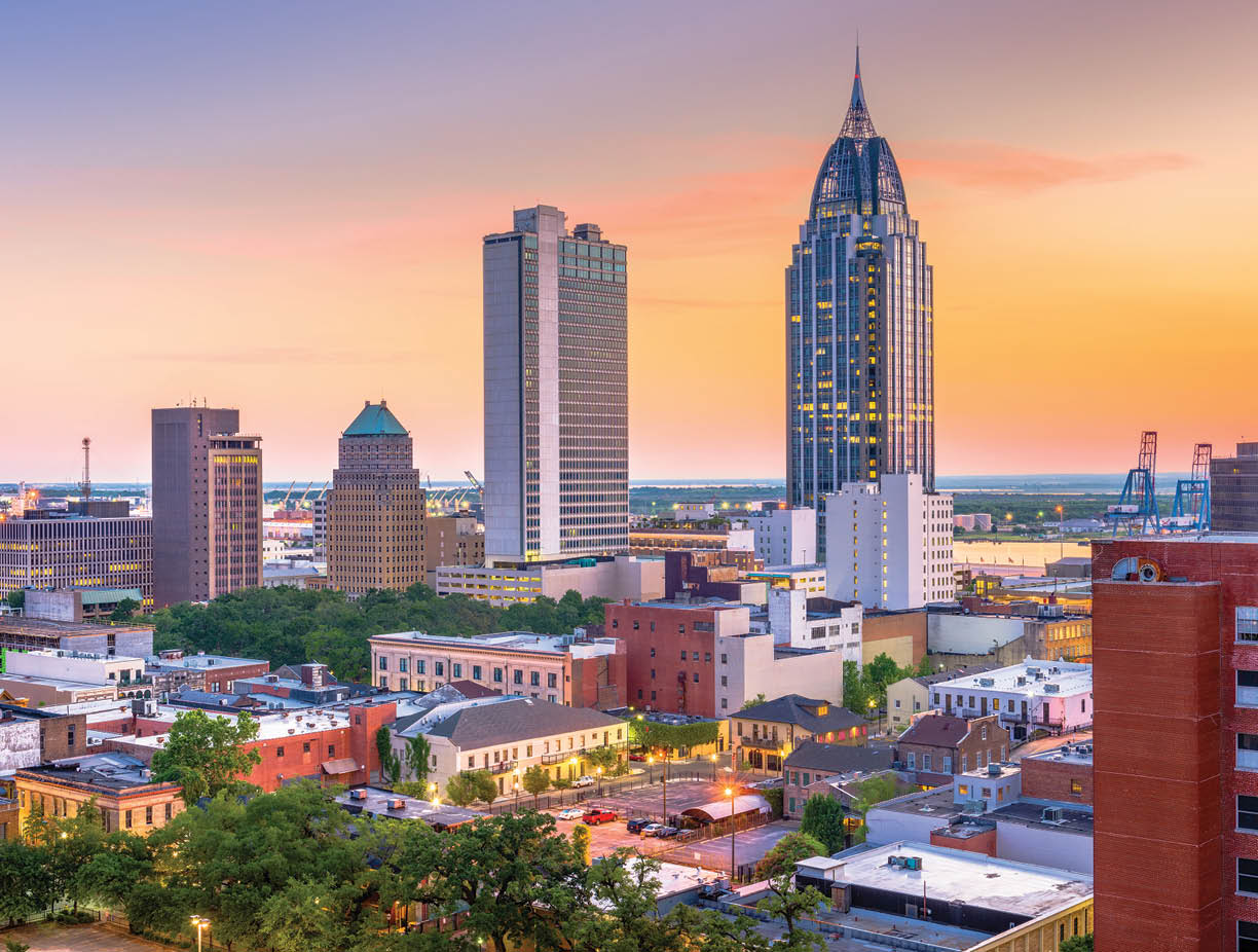 Mobile, Alabama, USA downtown skyline at dusk.