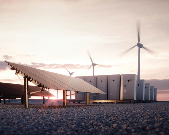 Dawn of new renewable energy technologies. Modern, aesthetic and efficient dark solar panel panels, a modular battery energy storage system and a wind turbine system in warm light. 3D rendering.