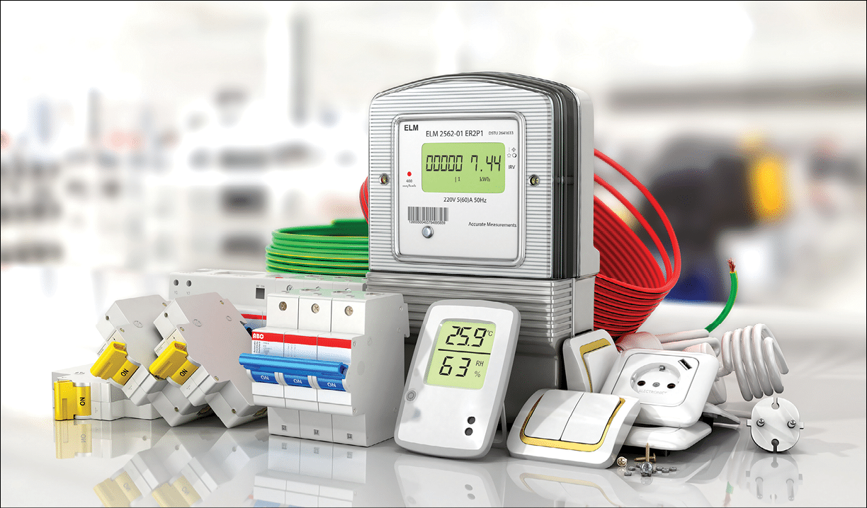 Various electric products on the store shelves. 3d illustration