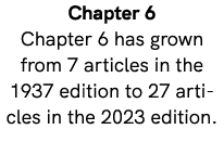 Chapter 6 Chapter 6 has grown from 7 articles in the 1937 edition to 27 articles in the 2023 edition.