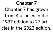 Chapter 7 Chapter 7 has grown from 4 articles in the 1937 edition to 27 articles in the 2023 edition.