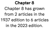 Chapter 8 Chapter 8 has grown from 2 articles in the 1937 edition to 6 articles in the 2023 edition.