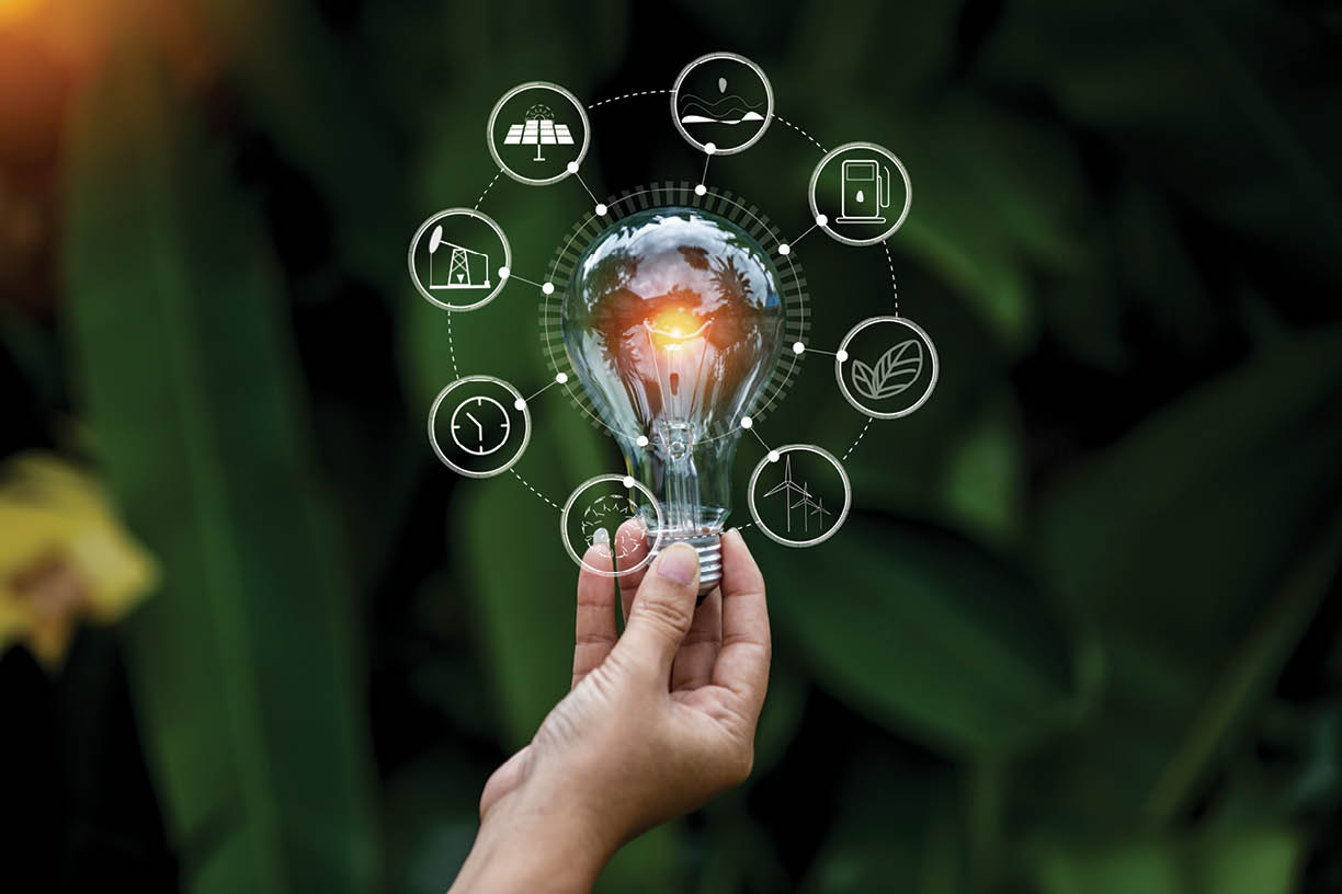 light bulb against nature, icons