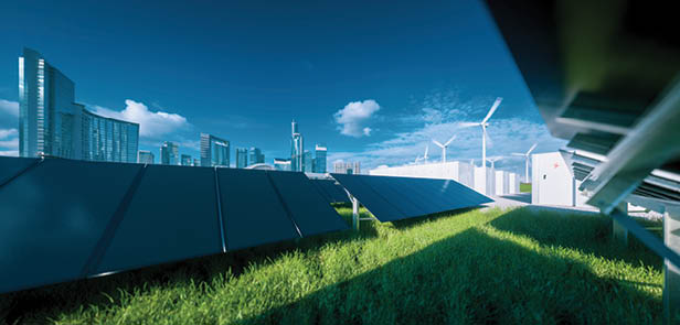 Modern black frameless solar panel farm, battery energy storage and wind turbines on fresh green grass under blue sky - concept of green sustainable energy system. 3d rendering.