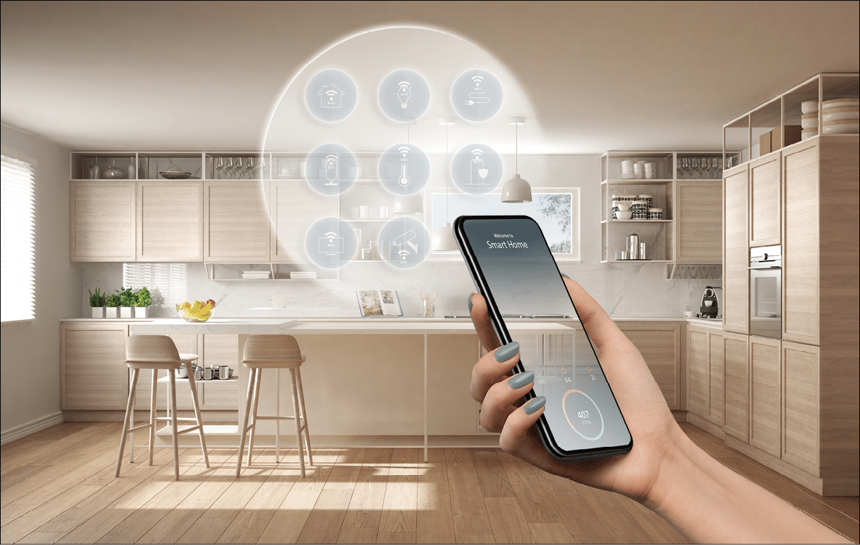 Smart home technology interface on phone app, augmented reality, internet of things, interior design of modern kitchen with connected objects, woman hand holding remote control device