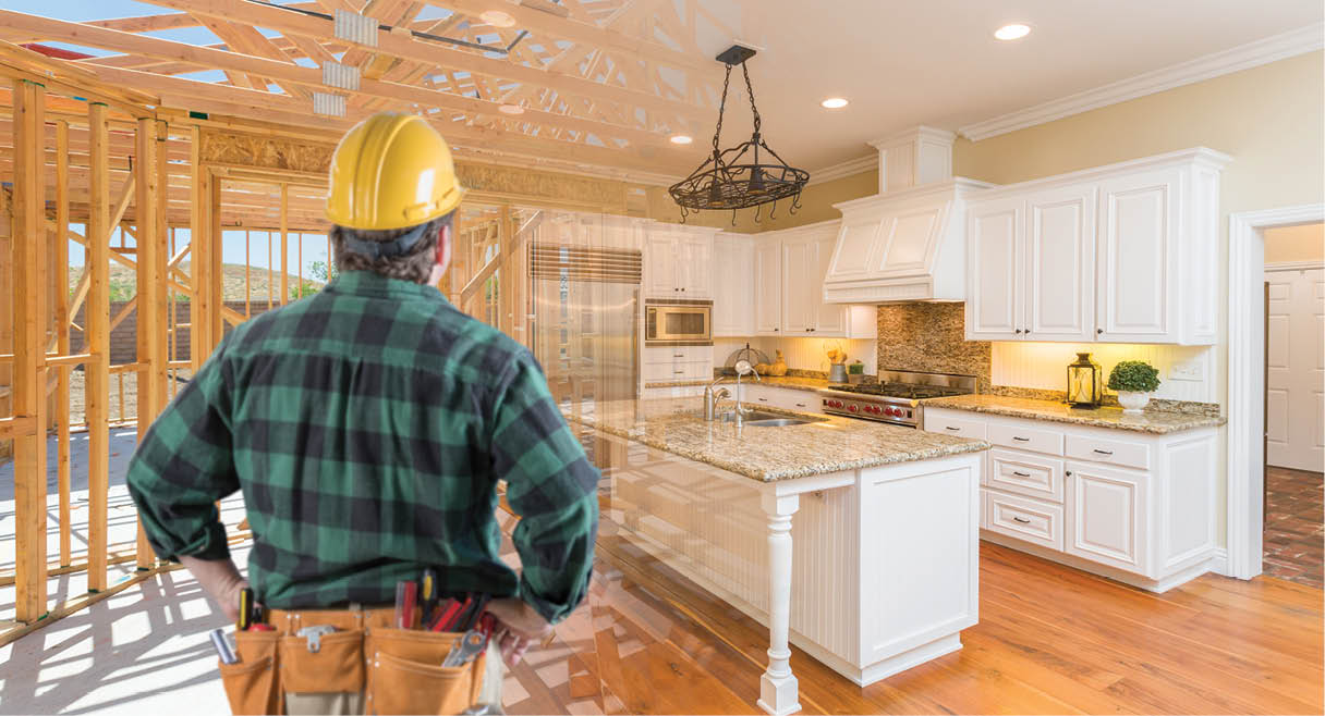 Contractor Standing In Front Custom Kitchen Construction Framing Gradating Into Finished Build.